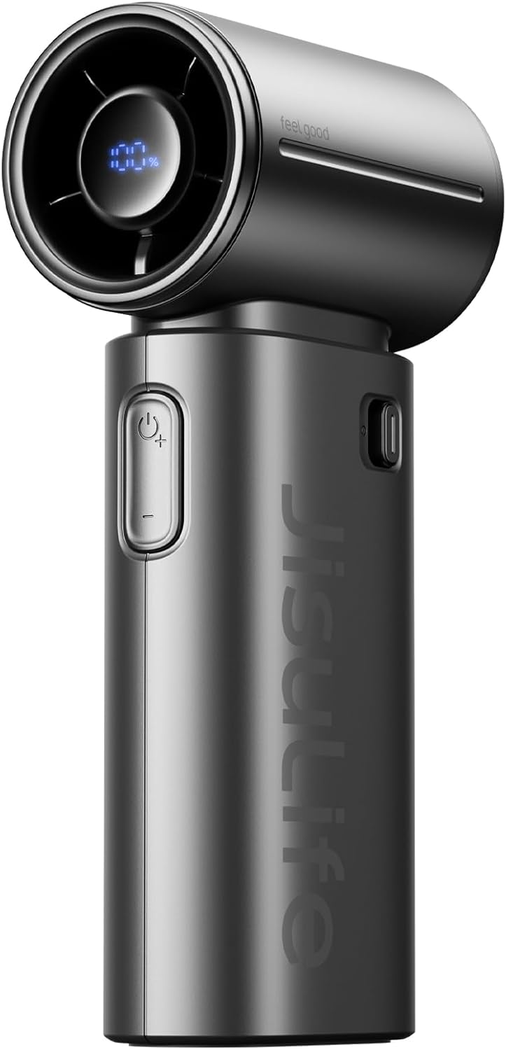 JISULIFE Life9S Handventilator, Turbo Power, tot 22 uur looptijd, 5000 mAh accu, 5-speed wind, mini-zakformaat, draagbare ventilator voor reizen, concerten, zwart