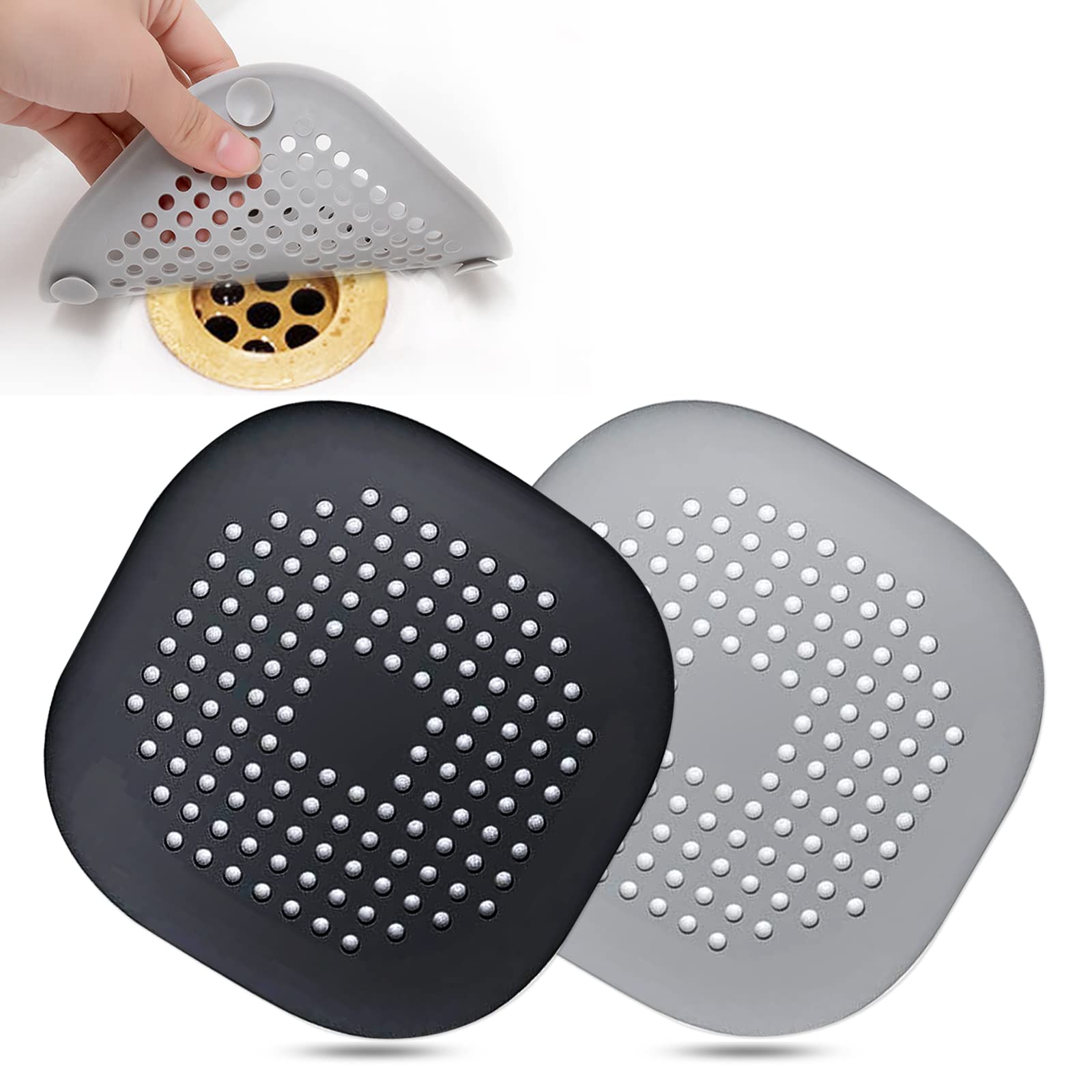 Bovinde Hair Drain Catcher,Square Cover for Shower 2 Pack (Sliver Grey) | Drainer Cover Silicone Hair Stopper with Suction Cups,Protector Accessories,Easy to Install Suit for Bathroom,Bathtub,Sink