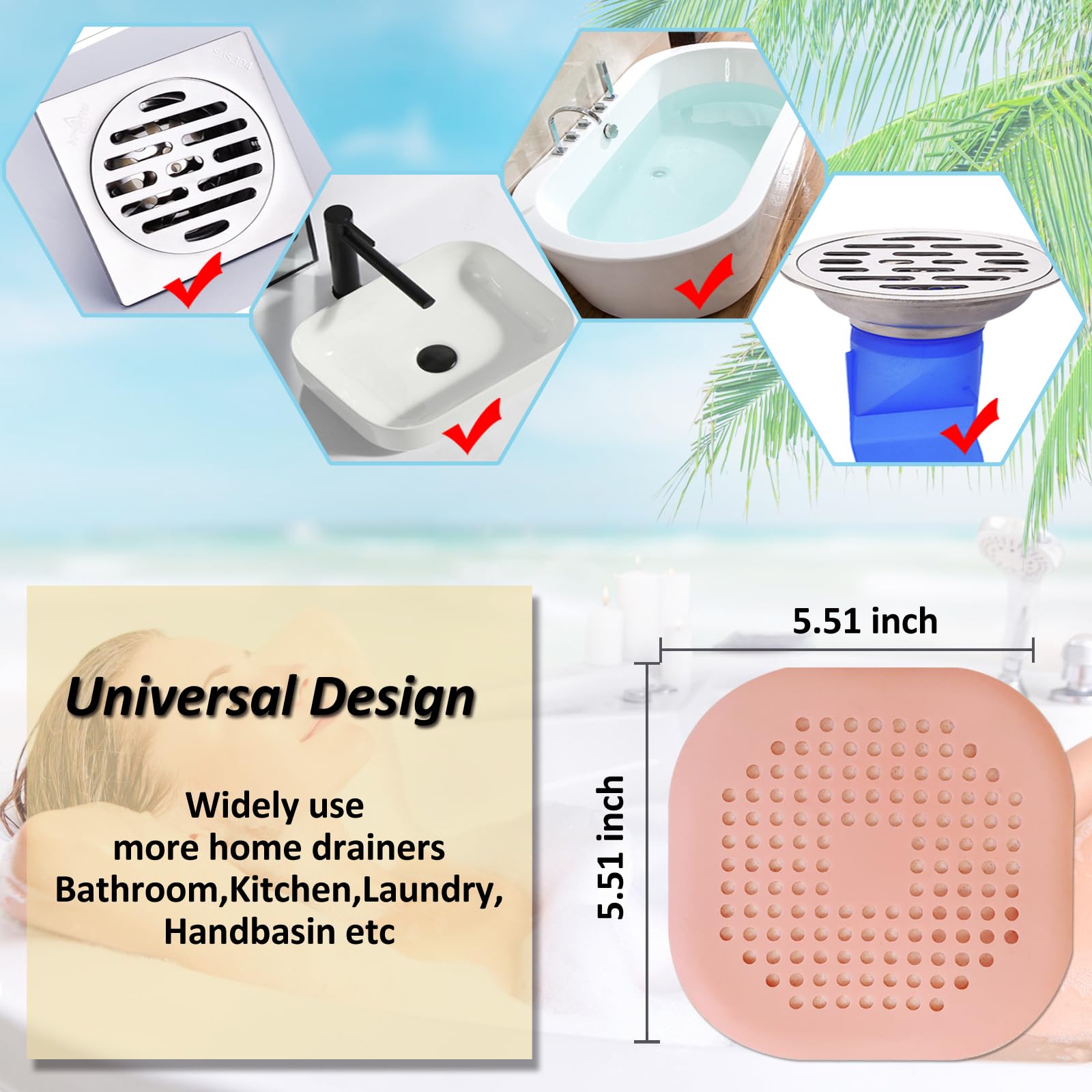 Bovinde Hair Drain Catcher,Square Cover for Shower 2 Pack (Sliver Grey) | Drainer Cover Silicone Hair Stopper with Suction Cups,Protector Accessories,Easy to Install Suit for Bathroom,Bathtub,Sink