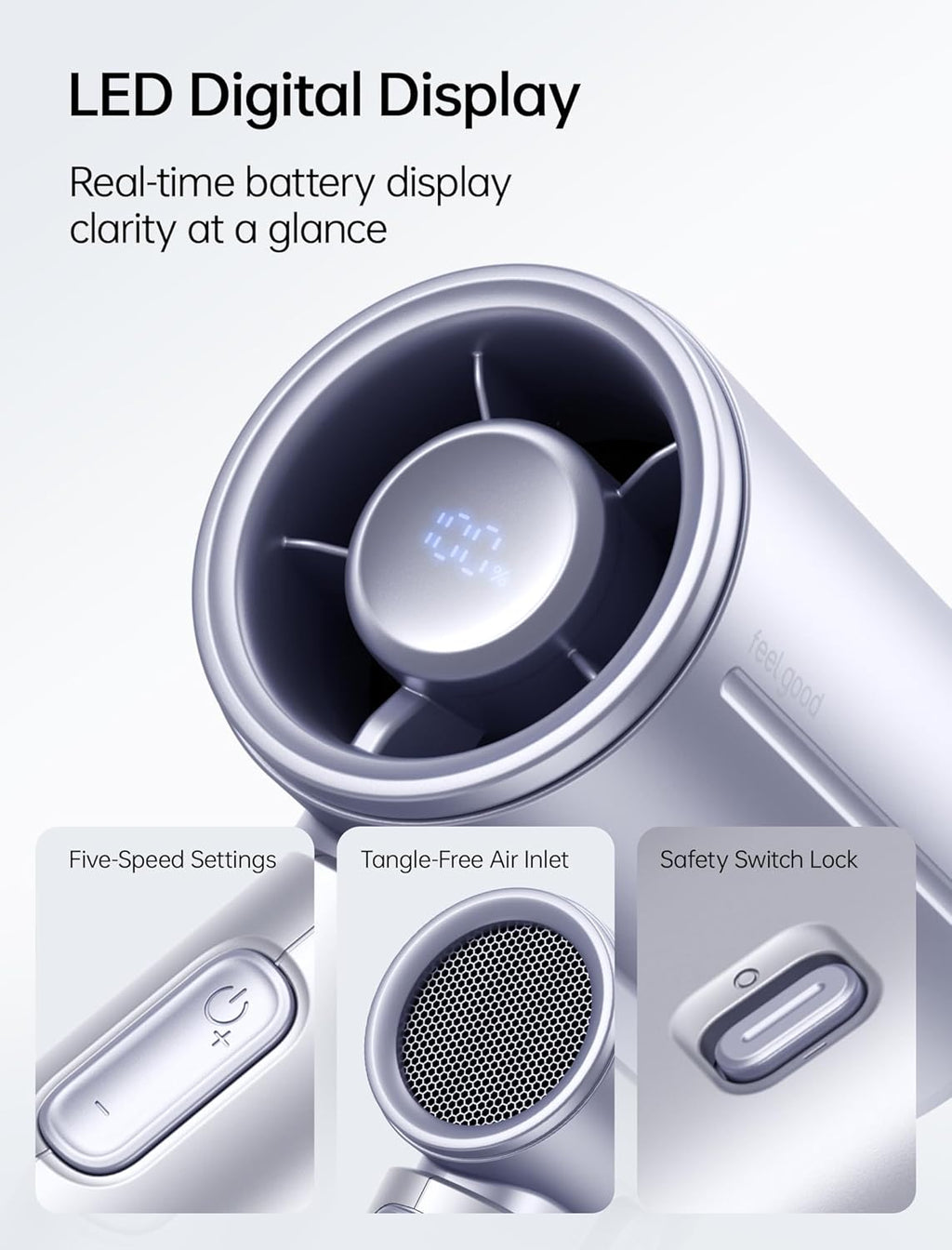 JISULIFE Life9S Handventilator, Turbo Power, tot 22 uur looptijd, 5000 mAh accu, 5-speed wind, mini-zakformaat, draagbare ventilator voor reizen, concerten, zwart