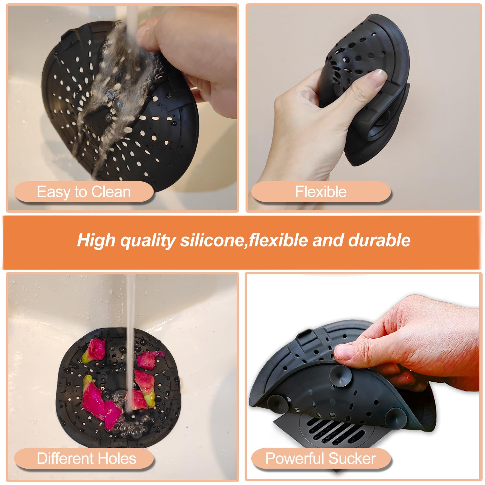 Bovinde Hair Drain Catcher,Square Cover for Shower 2 Pack (Sliver Grey) | Drainer Cover Silicone Hair Stopper with Suction Cups,Protector Accessories,Easy to Install Suit for Bathroom,Bathtub,Sink