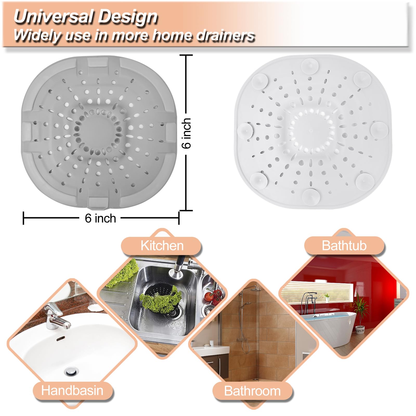 Bovinde Hair Drain Catcher,Square Cover for Shower 2 Pack (Sliver Grey) | Drainer Cover Silicone Hair Stopper with Suction Cups,Protector Accessories,Easy to Install Suit for Bathroom,Bathtub,Sink
