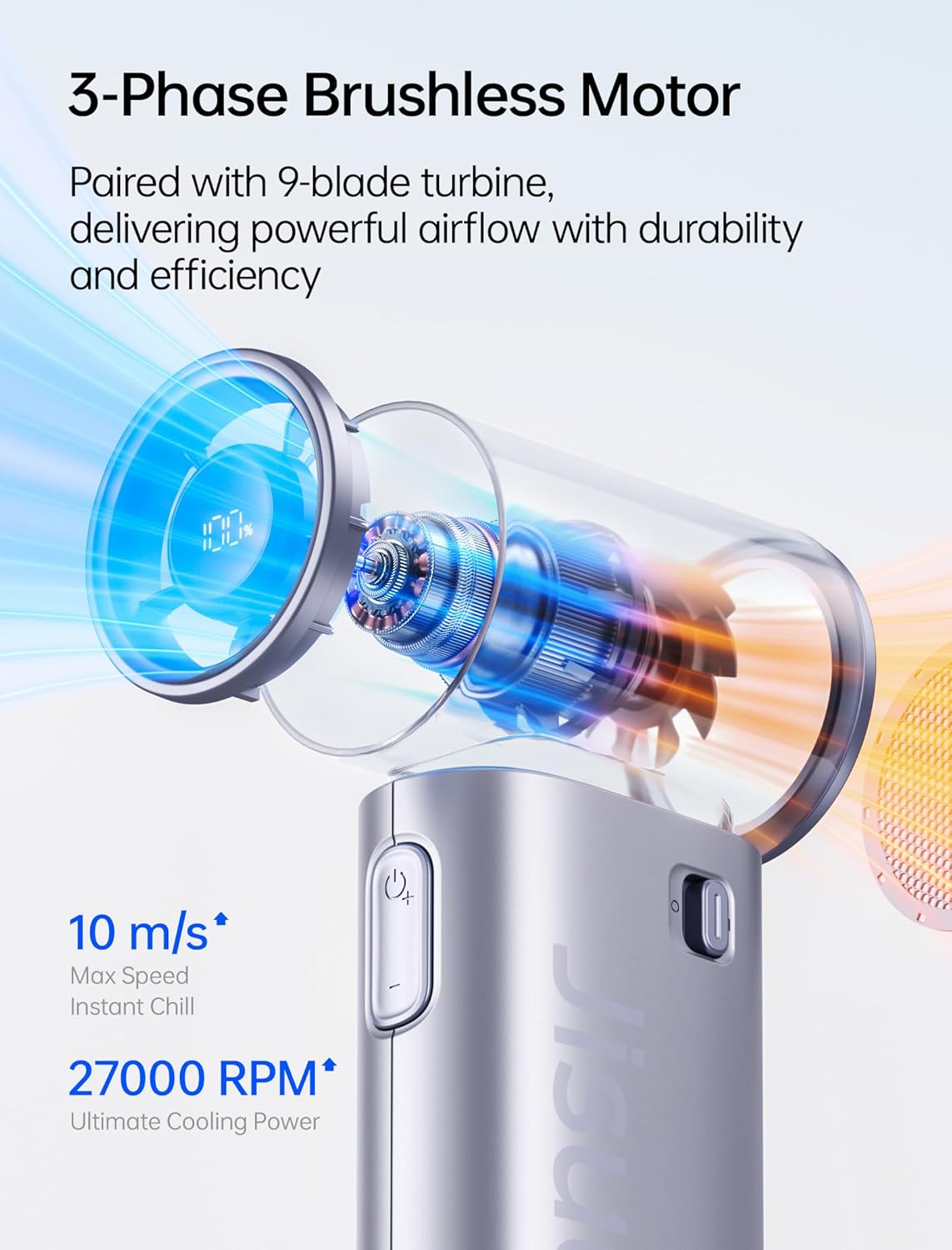 JISULIFE Life9S Handventilator, Turbo Power, tot 22 uur looptijd, 5000 mAh accu, 5-speed wind, mini-zakformaat, draagbare ventilator voor reizen, concerten, zwart