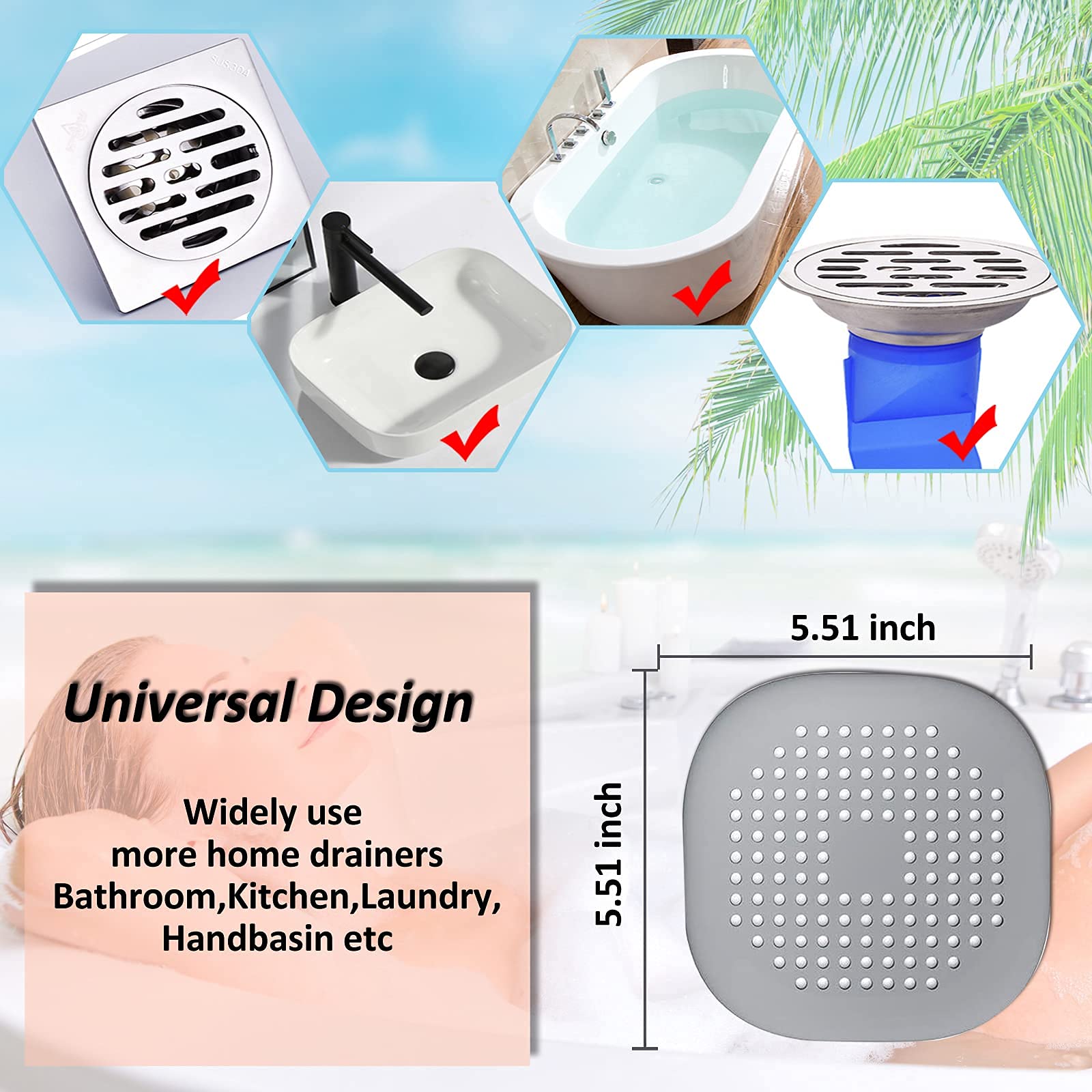 Bovinde Hair Drain Catcher,Square Cover for Shower 2 Pack (Sliver Grey) | Drainer Cover Silicone Hair Stopper with Suction Cups,Protector Accessories,Easy to Install Suit for Bathroom,Bathtub,Sink