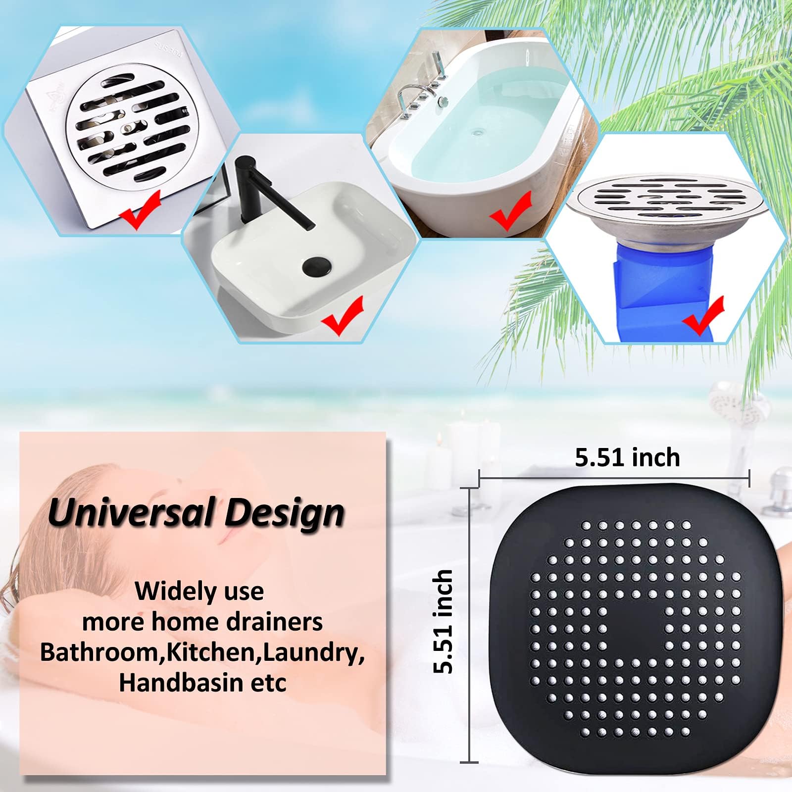 Bovinde Hair Drain Catcher,Square Cover for Shower 2 Pack (Sliver Grey) | Drainer Cover Silicone Hair Stopper with Suction Cups,Protector Accessories,Easy to Install Suit for Bathroom,Bathtub,Sink