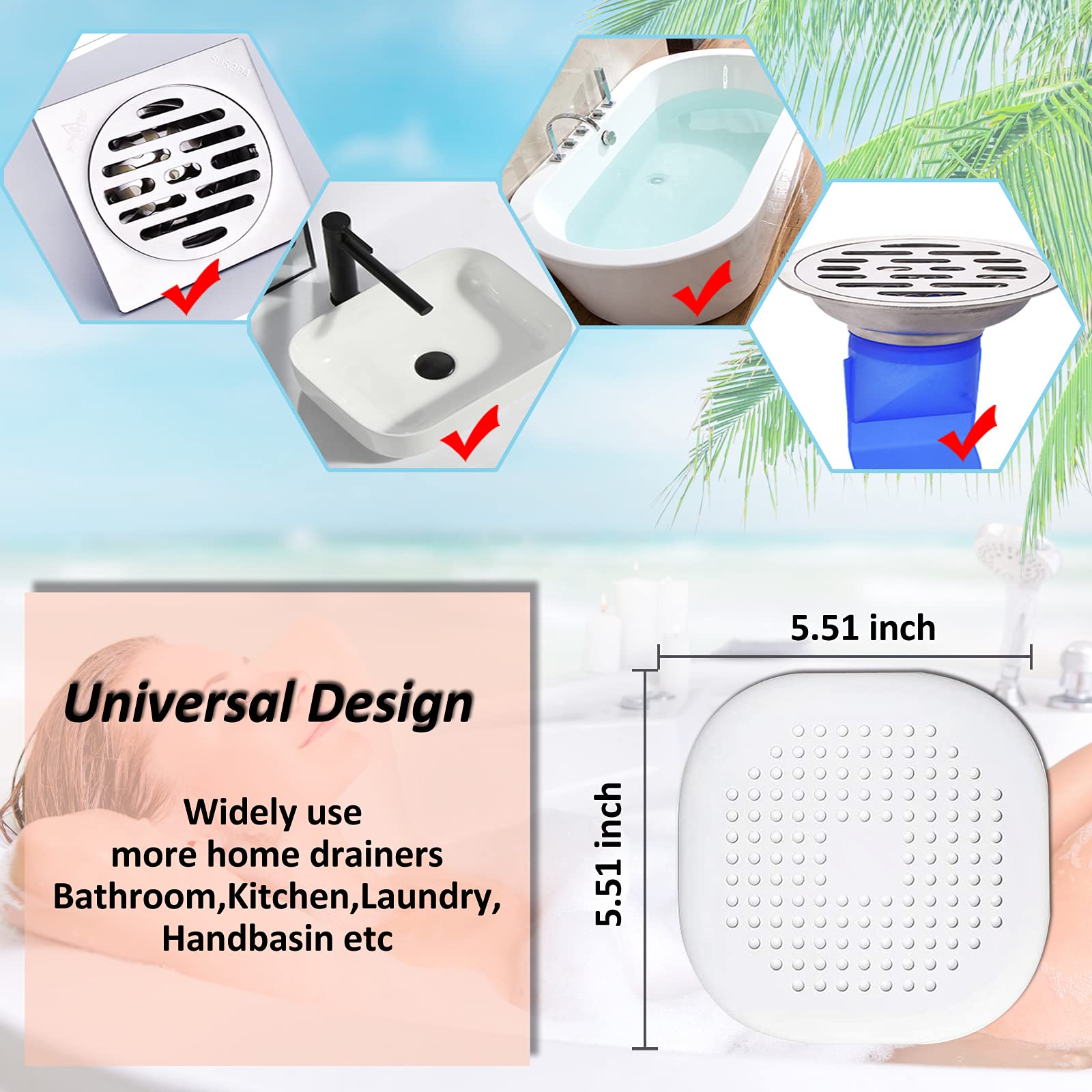 Bovinde Hair Drain Catcher,Square Cover for Shower 2 Pack (Sliver Grey) | Drainer Cover Silicone Hair Stopper with Suction Cups,Protector Accessories,Easy to Install Suit for Bathroom,Bathtub,Sink
