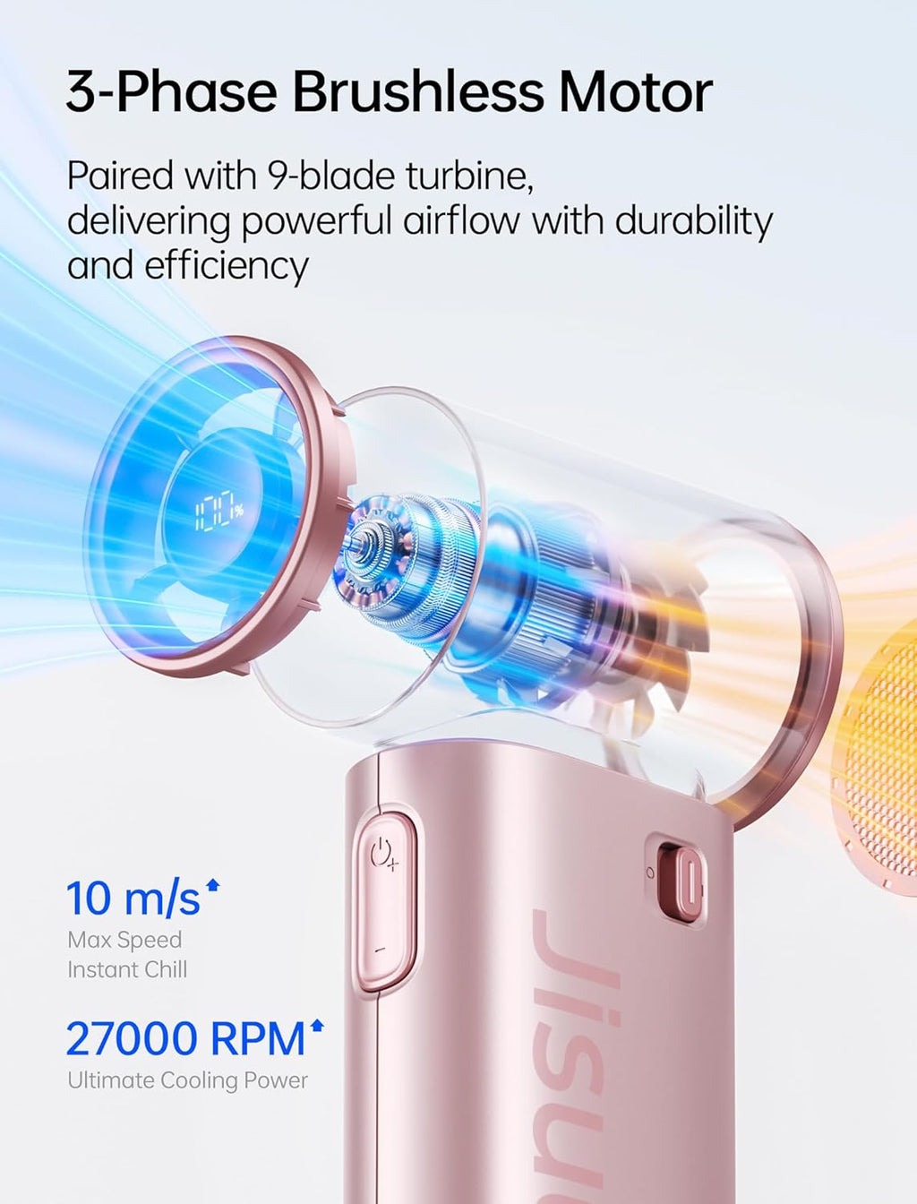 JISULIFE Life9S Handventilator, Turbo Power, tot 22 uur looptijd, 5000 mAh accu, 5-speed wind, mini-zakformaat, draagbare ventilator voor reizen, concerten, zwart