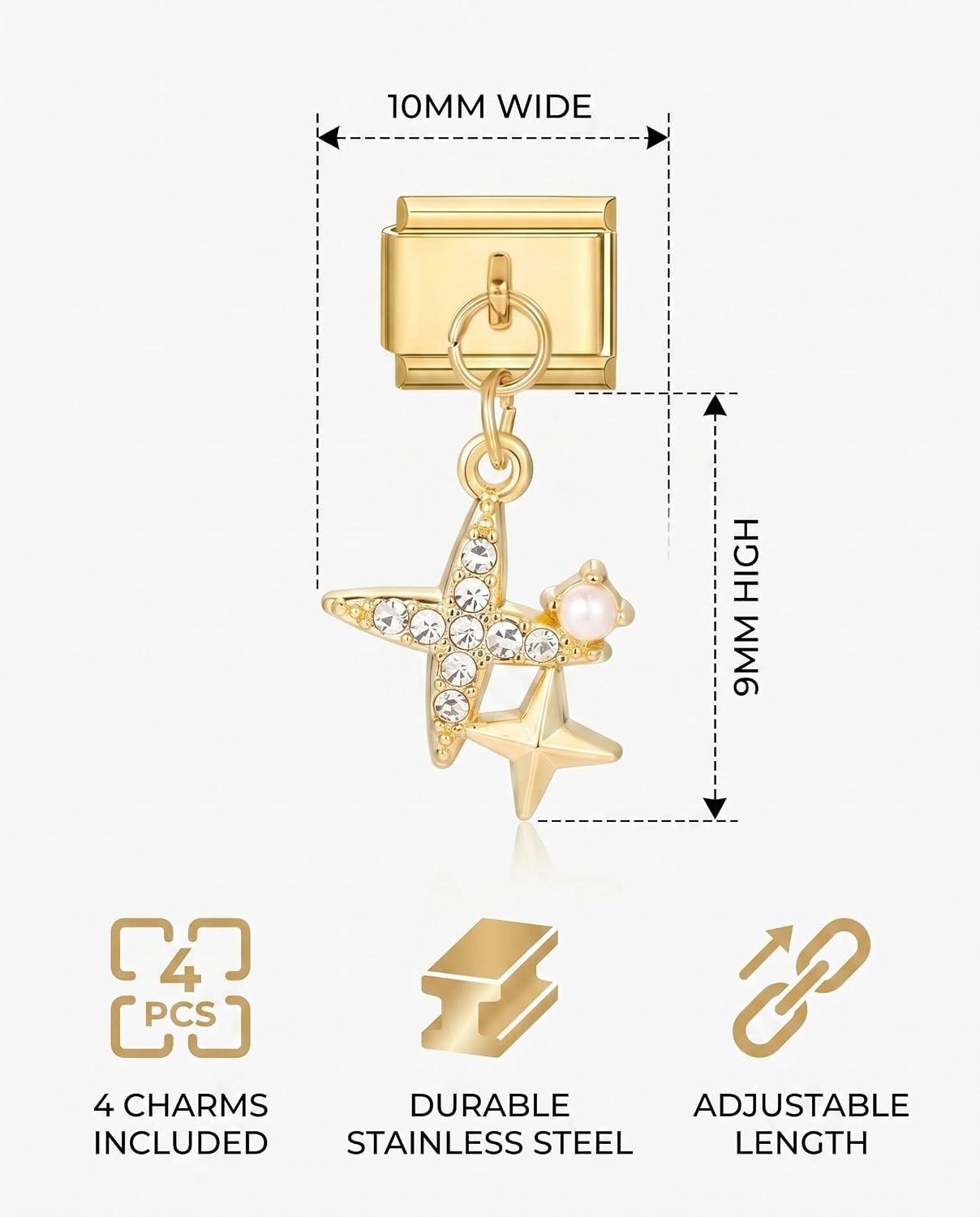 4 stuks Italiaanse bedels gouden armbandset, doe-het-zelf 9 mm afneembare module hanger Italiaanse stijl voor dames, roestvrij staal