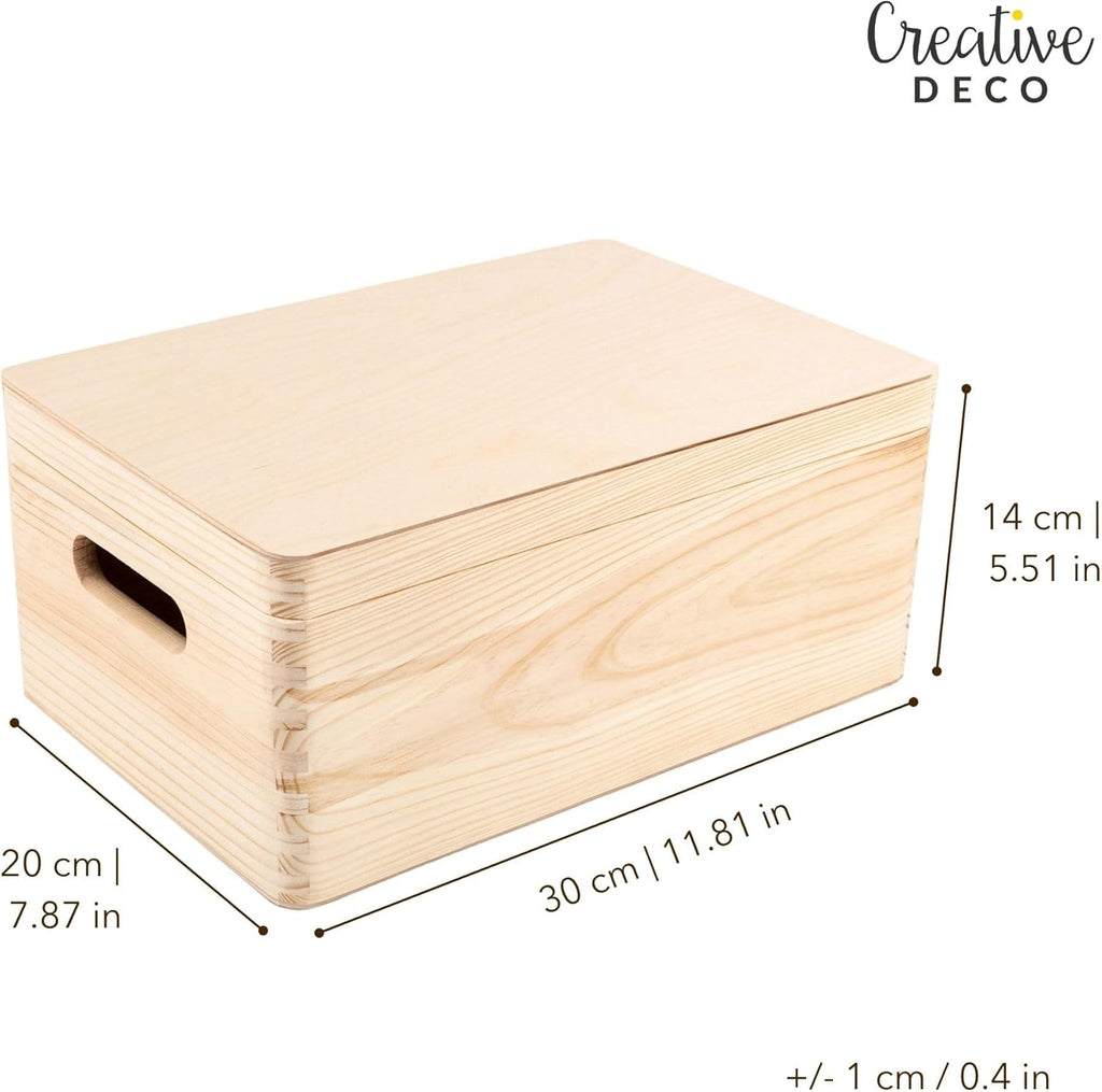 Creative Deco Grote Houten Doos Opberg-Kist | 30 x 20 x 14 cm (+/-1cm) | Met Deksel en Handvat | Perfect voor Documenten, Voorwerpen, Speelgoed, Gereedschap, Kerstmis | RUW EN ONVERZEGELD