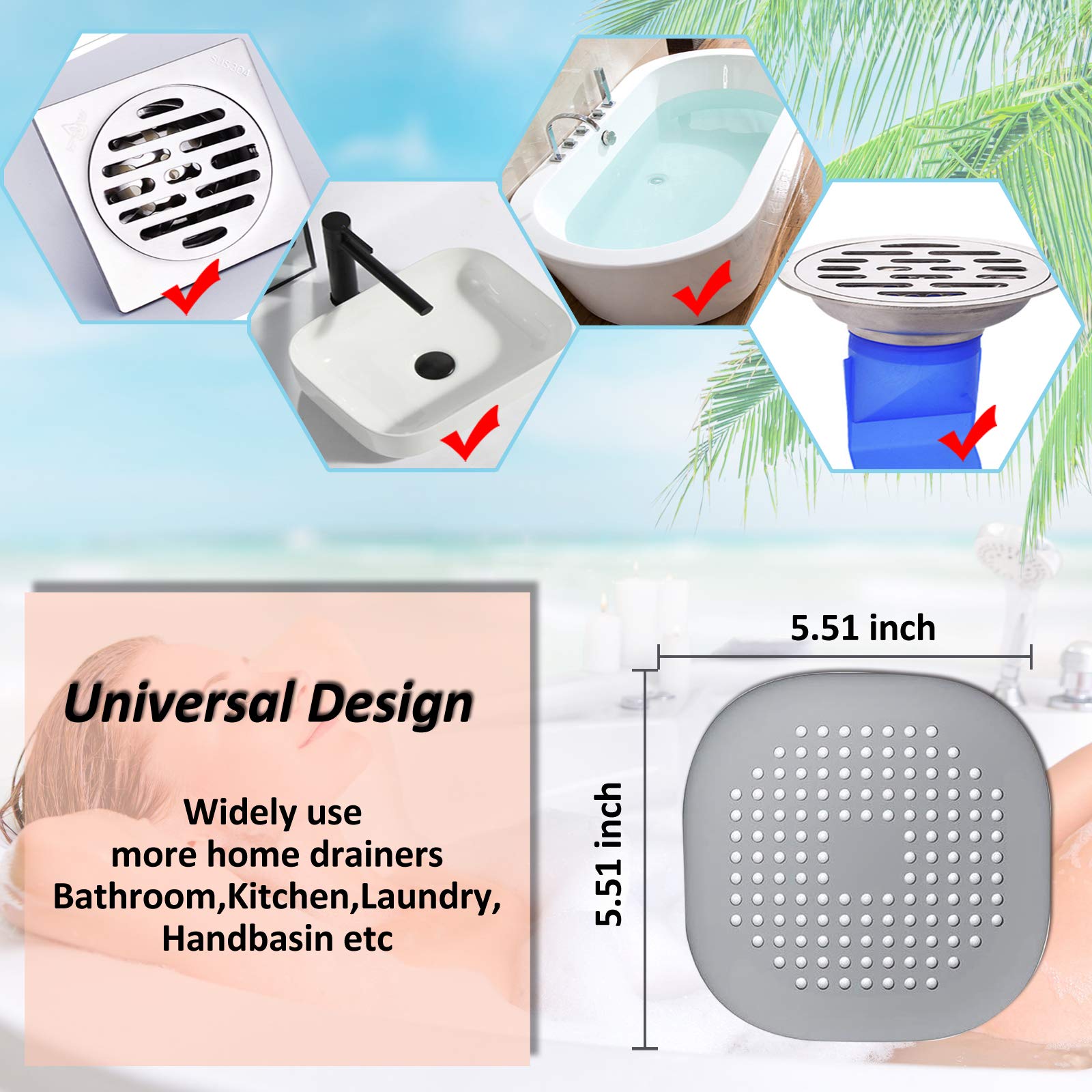 Bovinde Hair Drain Catcher,Square Cover for Shower 2 Pack (Sliver Grey) | Drainer Cover Silicone Hair Stopper with Suction Cups,Protector Accessories,Easy to Install Suit for Bathroom,Bathtub,Sink
