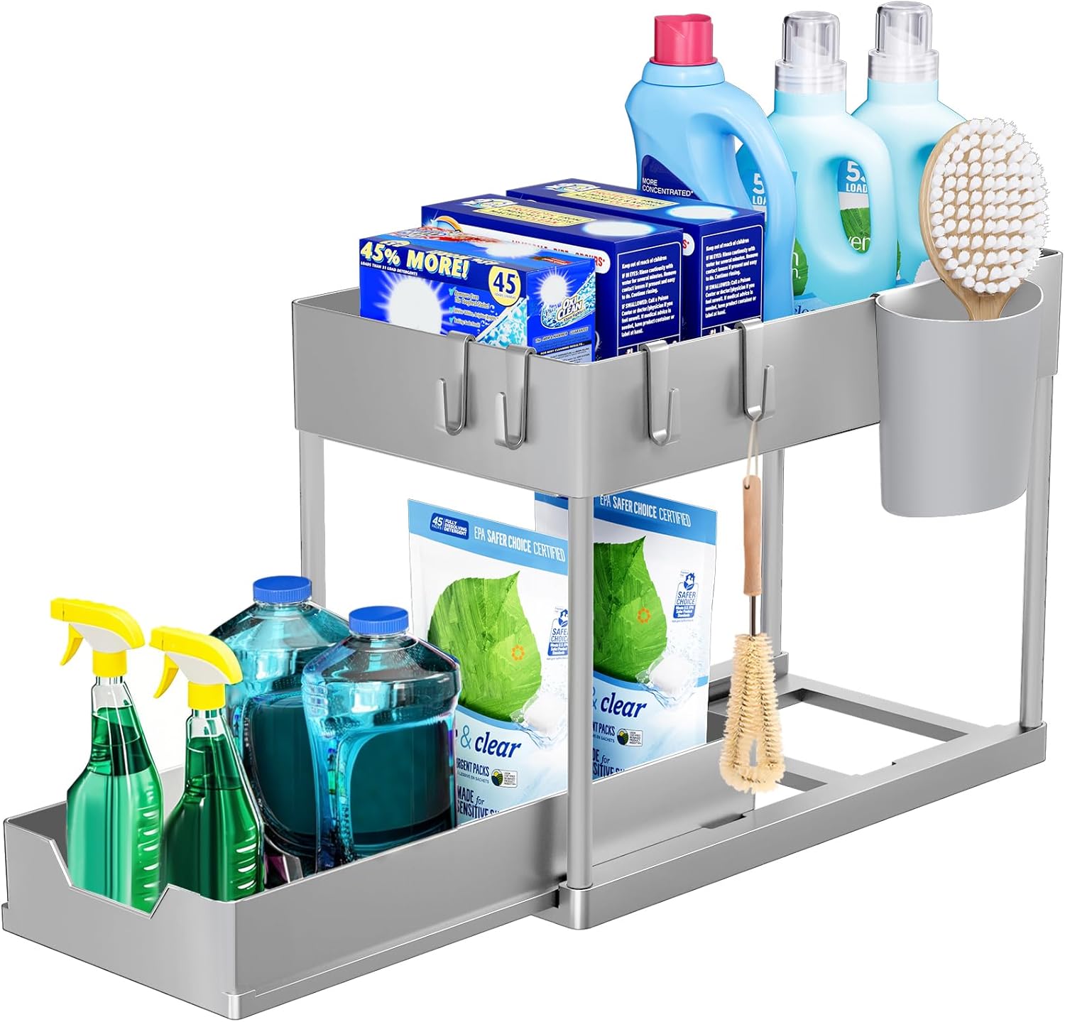 Puricon Opbergrek voor onder de gootsteen, keukenopberger, 2 niveaus, met uitschuiflade, multifunctioneel opbergrek voor badkamer, aanrecht, wasruimte, zwart