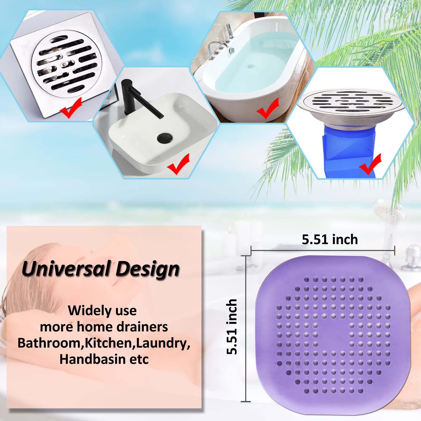 Bovinde Hair Drain Catcher,Square Cover for Shower 2 Pack (Sliver Grey) | Drainer Cover Silicone Hair Stopper with Suction Cups,Protector Accessories,Easy to Install Suit for Bathroom,Bathtub,Sink