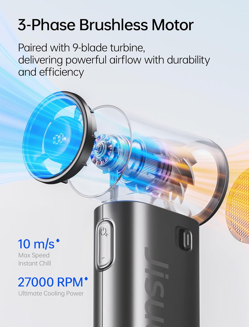 JISULIFE Life9S Handventilator, Turbo Power, tot 22 uur looptijd, 5000 mAh accu, 5-speed wind, mini-zakformaat, draagbare ventilator voor reizen, concerten, zwart