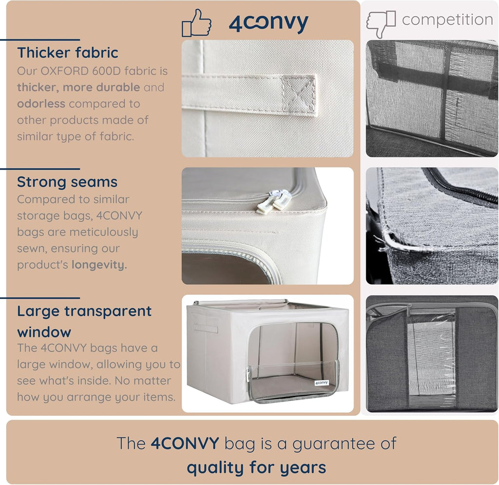 4CONVY Kledingboxen met Metalen Frame – Stevige Opbergboxen voor Kleding, Dekbedden en Dekens – Stapelbare Opbergdozen voor Kastorganisatie met Doorzichtig Venster en Handgrepen – Opvouwbaar – 3x24L