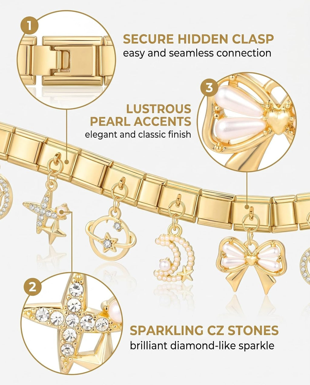 4 stuks Italiaanse bedels gouden armbandset, doe-het-zelf 9 mm afneembare module hanger Italiaanse stijl voor dames, roestvrij staal