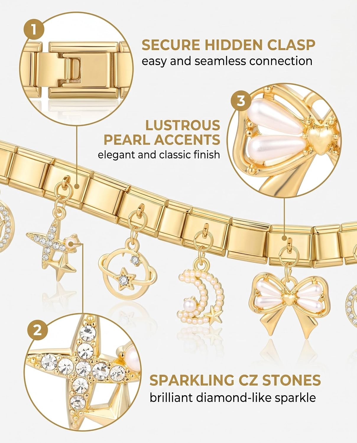 4 stuks Italiaanse bedels gouden armbandset, doe-het-zelf 9 mm afneembare module hanger Italiaanse stijl voor dames, roestvrij staal