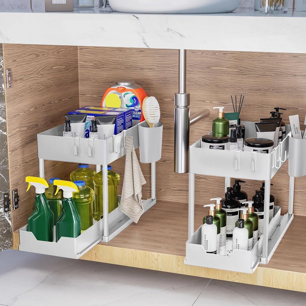Puricon Opbergrek voor onder de gootsteen, keukenopberger, 2 niveaus, met uitschuiflade, multifunctioneel opbergrek voor badkamer, aanrecht, wasruimte, zwart
