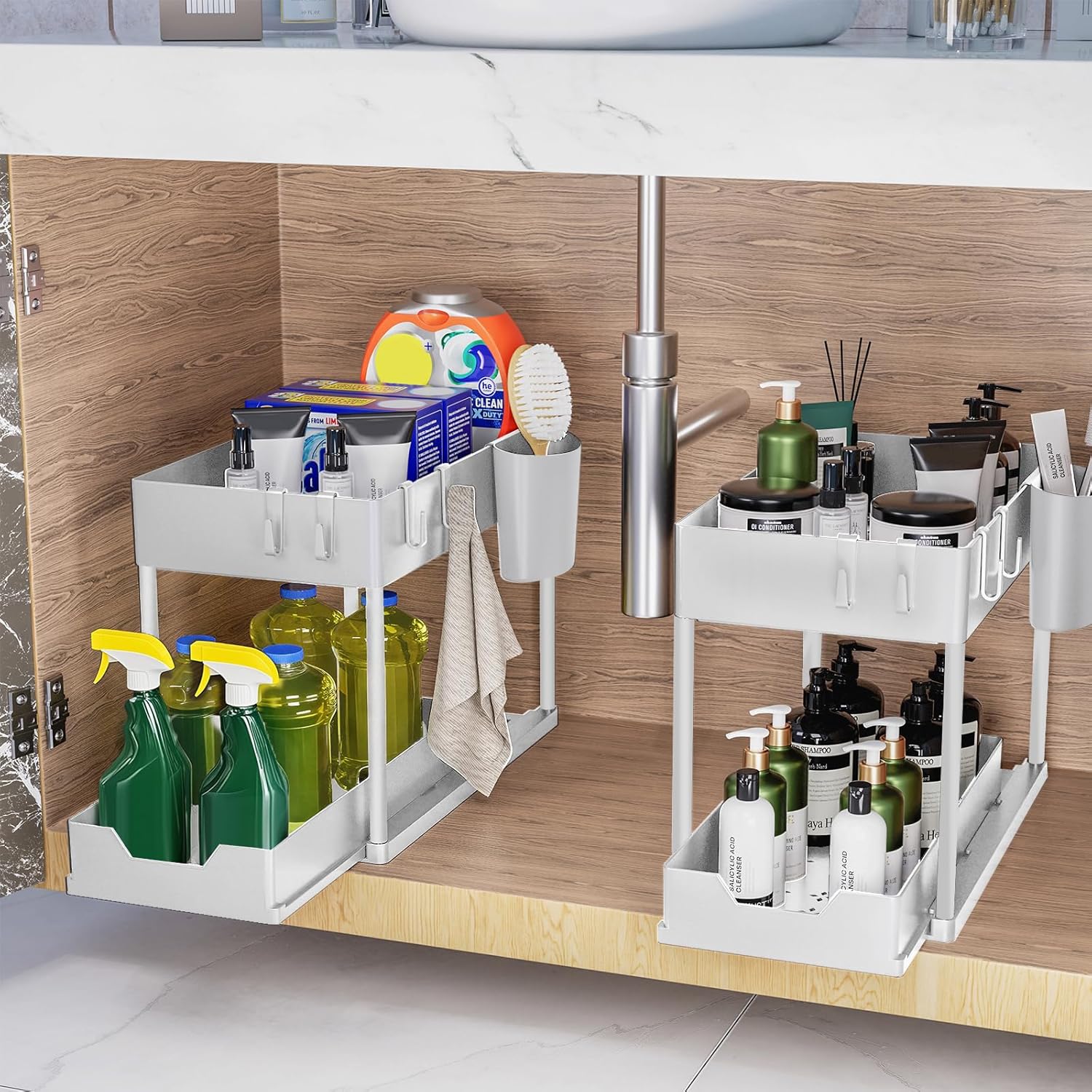 Puricon Opbergrek voor onder de gootsteen, keukenopberger, 2 niveaus, met uitschuiflade, multifunctioneel opbergrek voor badkamer, aanrecht, wasruimte, zwart