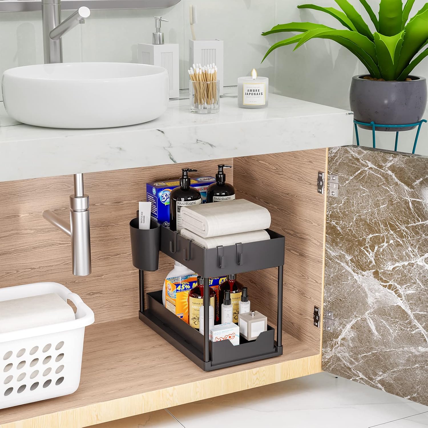Puricon Opbergrek voor onder de gootsteen, keukenopberger, 2 niveaus, met uitschuiflade, multifunctioneel opbergrek voor badkamer, aanrecht, wasruimte, zwart