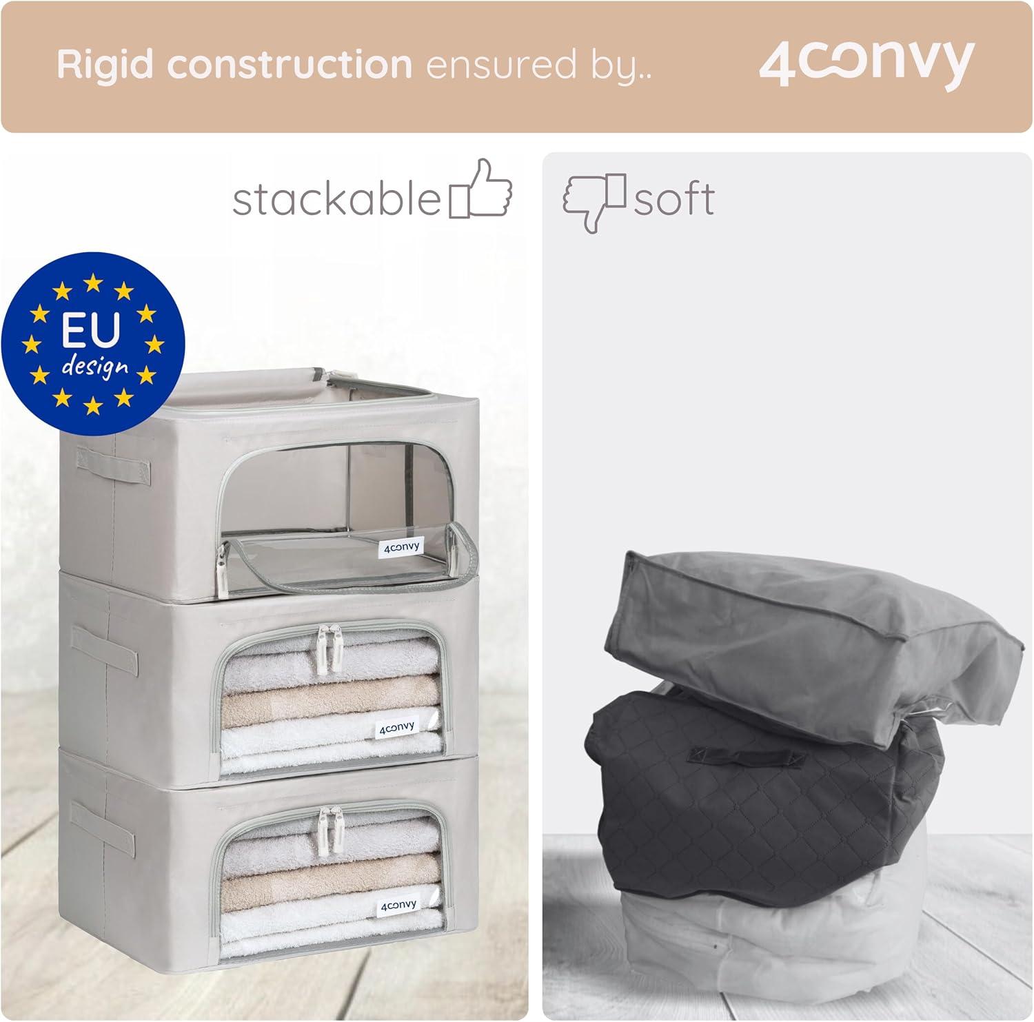 4CONVY Kledingboxen met Metalen Frame – Stevige Opbergboxen voor Kleding, Dekbedden en Dekens – Stapelbare Opbergdozen voor Kastorganisatie met Doorzichtig Venster en Handgrepen – Opvouwbaar – 3x24L
