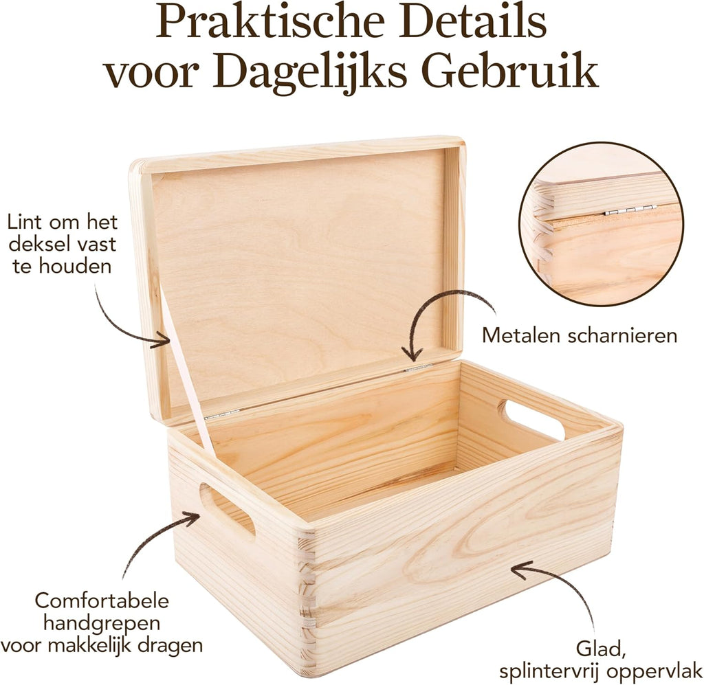 Creative Deco Grote Houten Doos Opberg-Kist | 30 x 20 x 14 cm (+/-1cm) | Met Deksel en Handvat | Perfect voor Documenten, Voorwerpen, Speelgoed, Gereedschap, Kerstmis | RUW EN ONVERZEGELD
