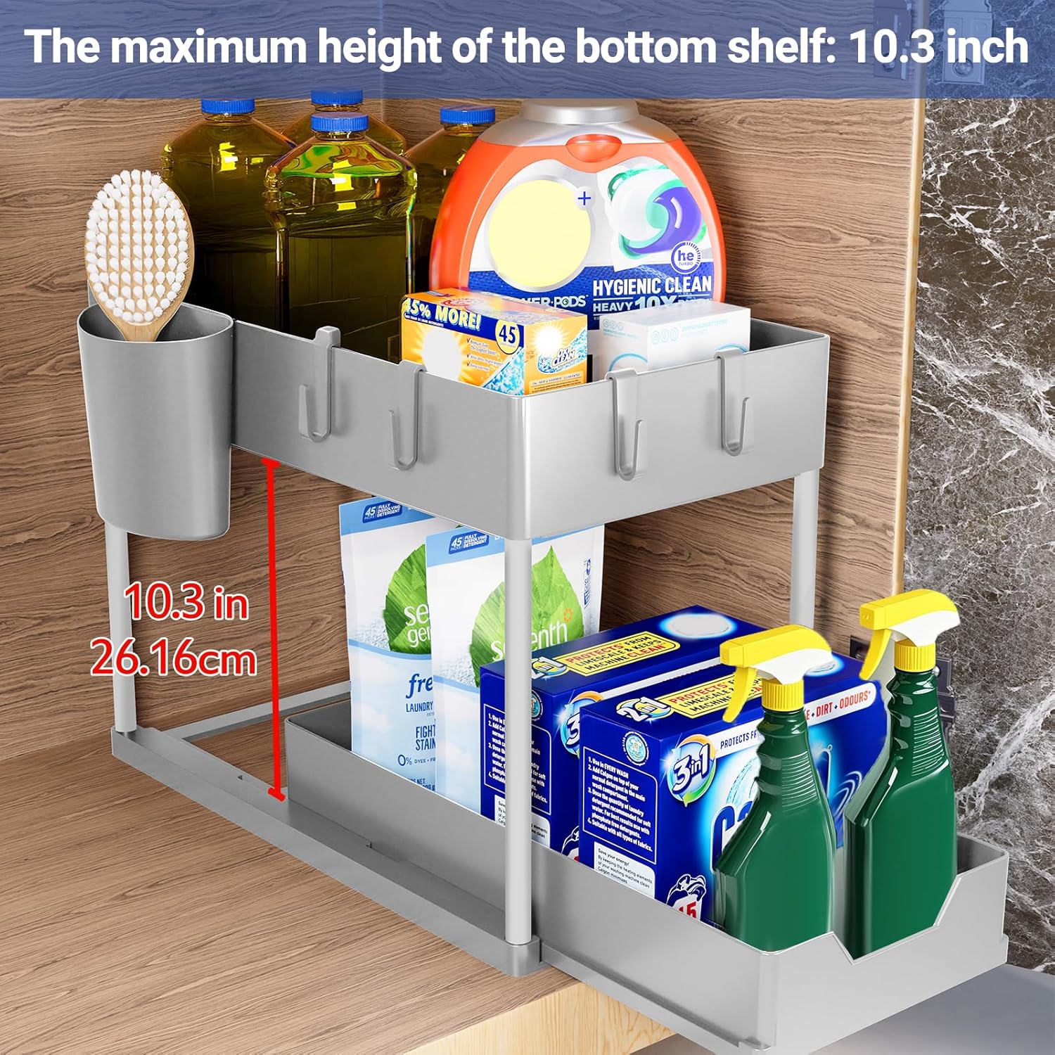 Puricon Opbergrek voor onder de gootsteen, keukenopberger, 2 niveaus, met uitschuiflade, multifunctioneel opbergrek voor badkamer, aanrecht, wasruimte, zwart