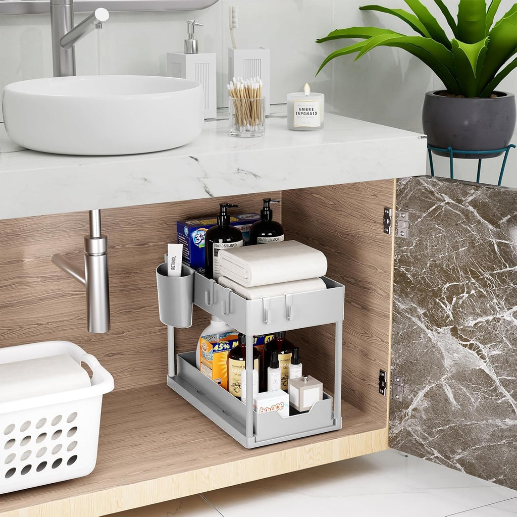 Puricon Opbergrek voor onder de gootsteen, keukenopberger, 2 niveaus, met uitschuiflade, multifunctioneel opbergrek voor badkamer, aanrecht, wasruimte, zwart