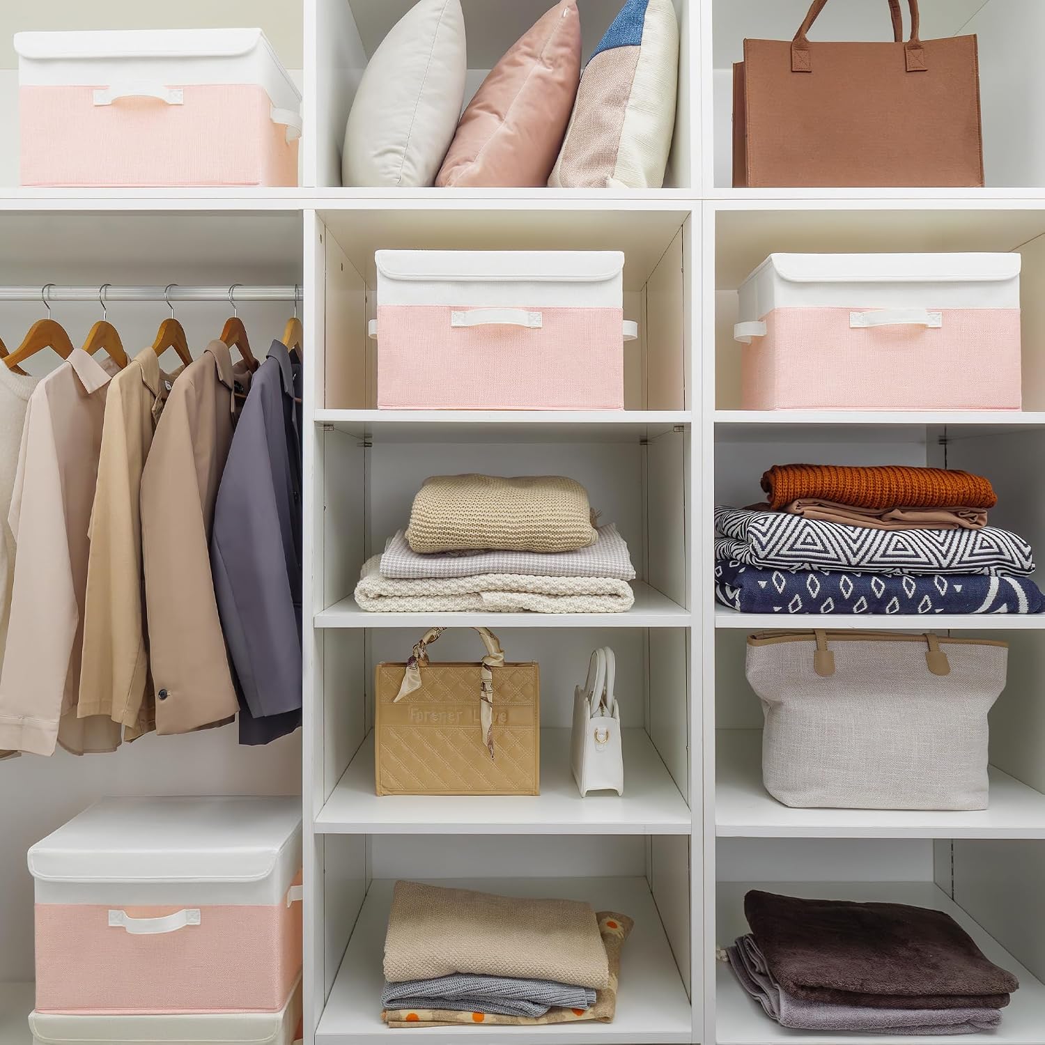 GRANNY SAYS Opbergboxen met Deksel, Pak van 2 Stoffen Opbergdozen met Deksels, Opbergbakken met Deksel, Kledingkast Organizer Opbergen en Organiseren, Opvouwbare Opbergdoos voor Kleding - Wit&Grijs