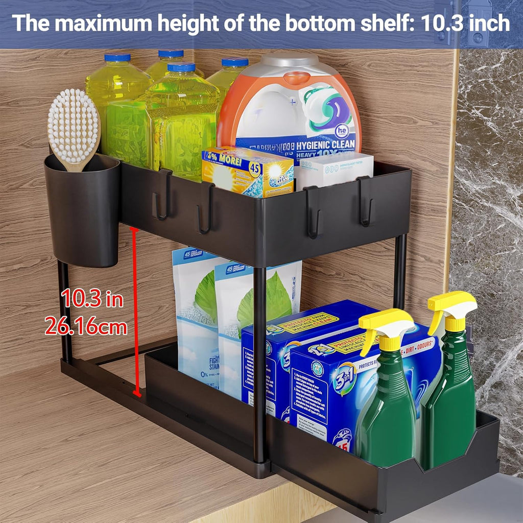 Puricon Opbergrek voor onder de gootsteen, keukenopberger, 2 niveaus, met uitschuiflade, multifunctioneel opbergrek voor badkamer, aanrecht, wasruimte, zwart