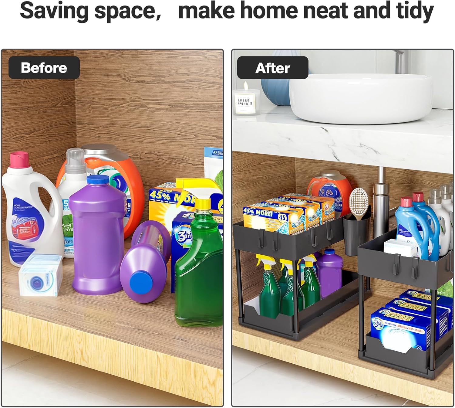 Puricon Opbergrek voor onder de gootsteen, keukenopberger, 2 niveaus, met uitschuiflade, multifunctioneel opbergrek voor badkamer, aanrecht, wasruimte, zwart