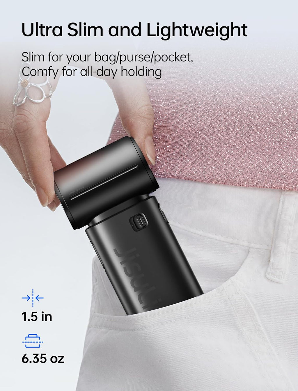 JISULIFE Life9S Handventilator, Turbo Power, tot 22 uur looptijd, 5000 mAh accu, 5-speed wind, mini-zakformaat, draagbare ventilator voor reizen, concerten, zwart