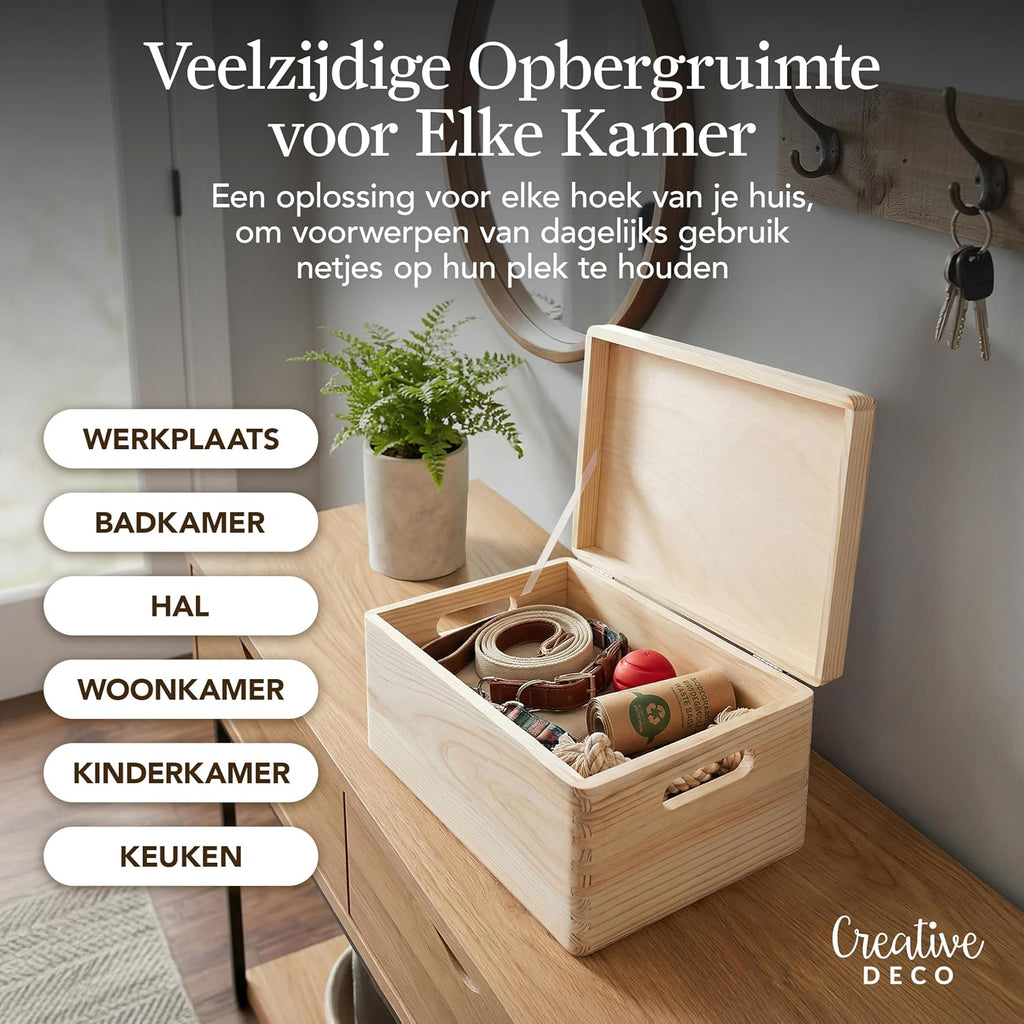 Creative Deco Grote Houten Doos Opberg-Kist | 30 x 20 x 14 cm (+/-1cm) | Met Deksel en Handvat | Perfect voor Documenten, Voorwerpen, Speelgoed, Gereedschap, Kerstmis | RUW EN ONVERZEGELD
