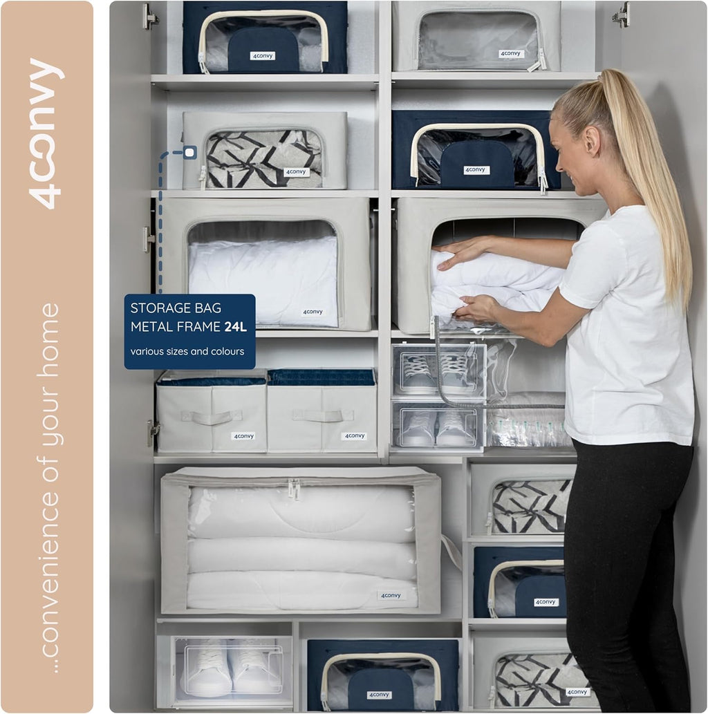 4CONVY Kledingboxen met Metalen Frame – Stevige Opbergboxen voor Kleding, Dekbedden en Dekens – Stapelbare Opbergdozen voor Kastorganisatie met Doorzichtig Venster en Handgrepen – Opvouwbaar – 3x24L