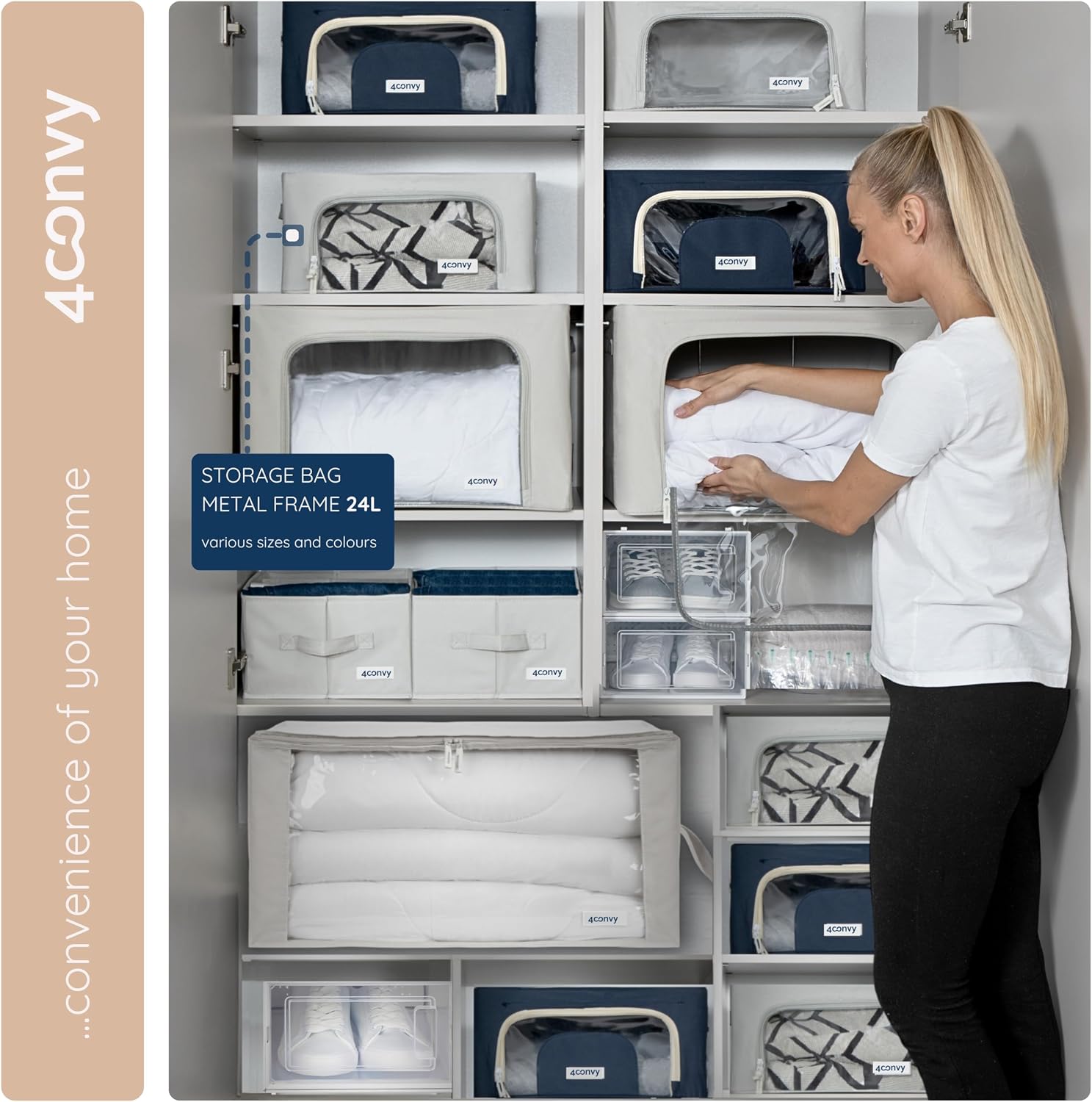 4CONVY Kledingboxen met Metalen Frame – Stevige Opbergboxen voor Kleding, Dekbedden en Dekens – Stapelbare Opbergdozen voor Kastorganisatie met Doorzichtig Venster en Handgrepen – Opvouwbaar – 3x24L
