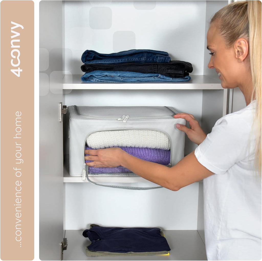 4CONVY Kledingboxen met Metalen Frame – Stevige Opbergboxen voor Kleding, Dekbedden en Dekens – Stapelbare Opbergdozen voor Kastorganisatie met Doorzichtig Venster en Handgrepen – Opvouwbaar – 3x24L