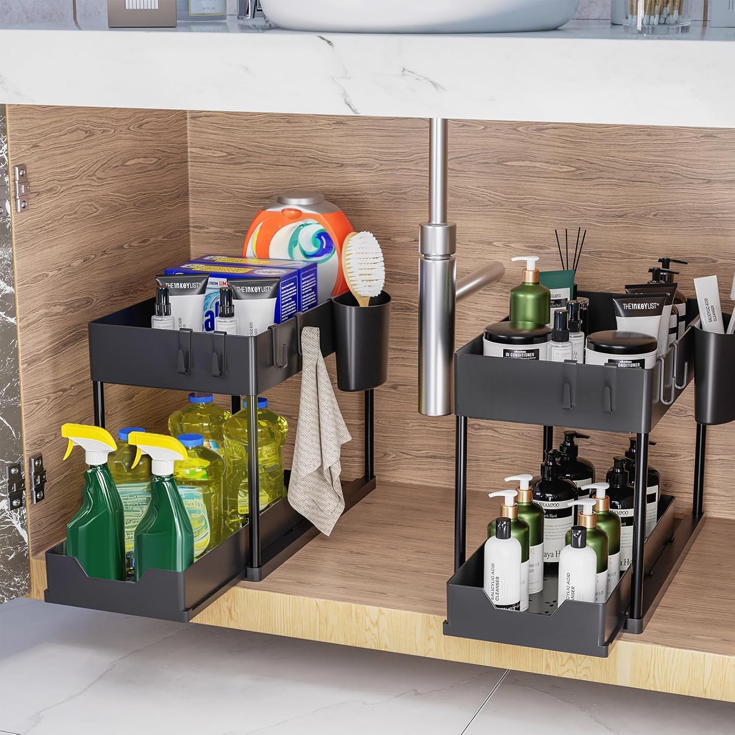 Puricon Opbergrek voor onder de gootsteen, keukenopberger, 2 niveaus, met uitschuiflade, multifunctioneel opbergrek voor badkamer, aanrecht, wasruimte, zwart