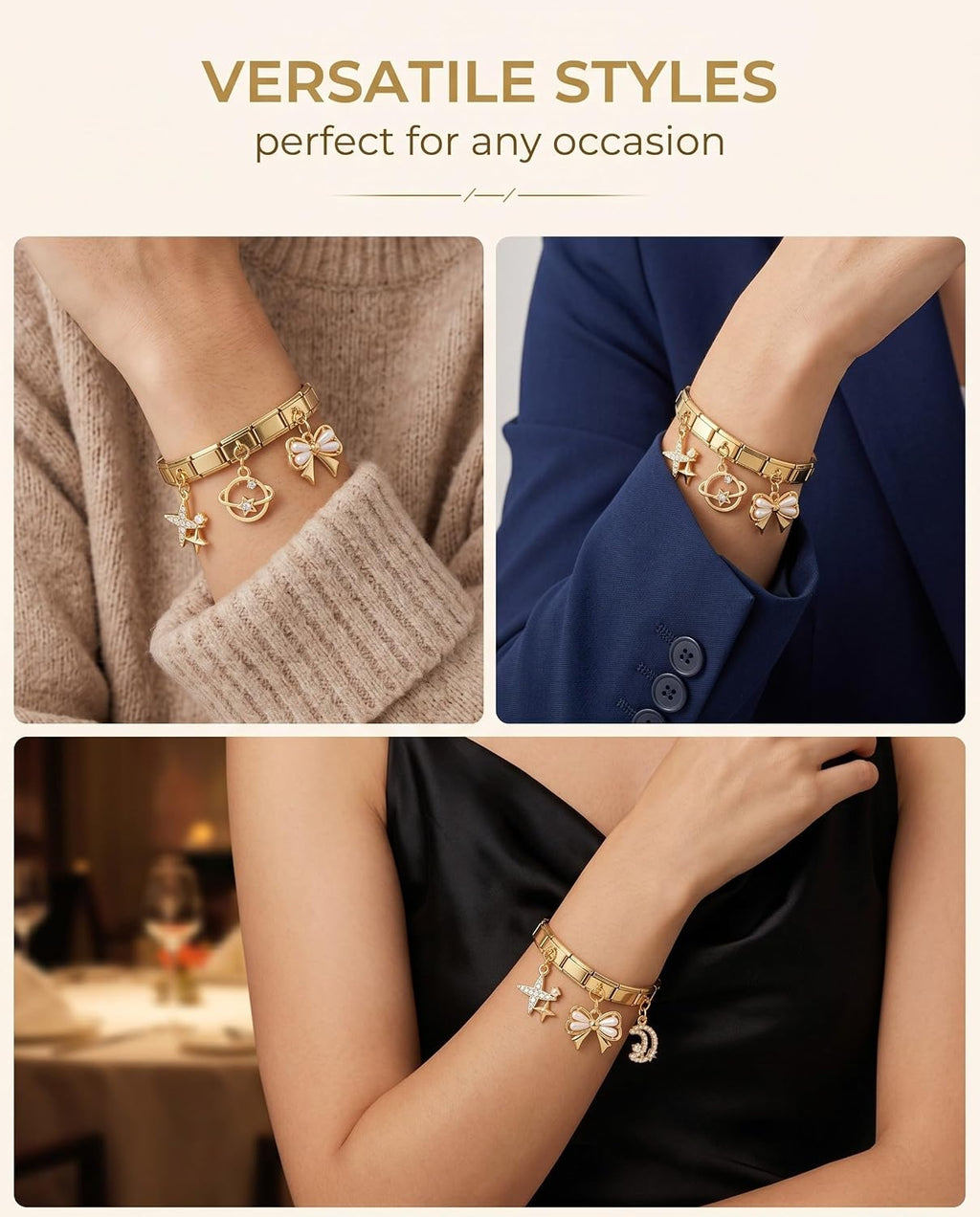 4 stuks Italiaanse bedels gouden armbandset, doe-het-zelf 9 mm afneembare module hanger Italiaanse stijl voor dames, roestvrij staal