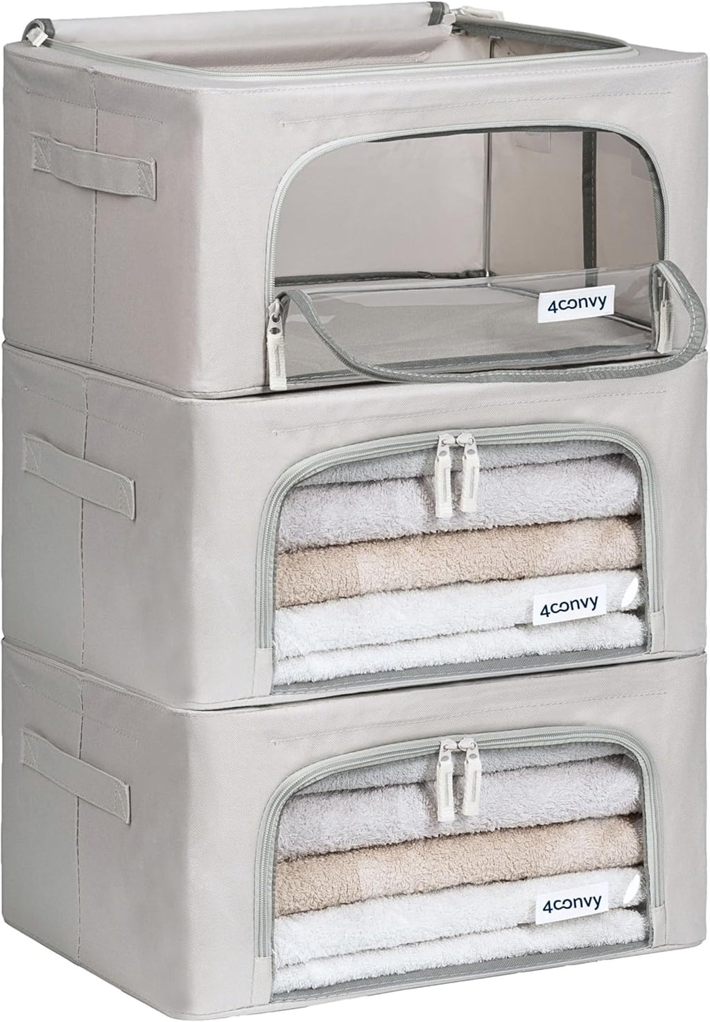 4CONVY Kledingboxen met Metalen Frame – Stevige Opbergboxen voor Kleding, Dekbedden en Dekens – Stapelbare Opbergdozen voor Kastorganisatie met Doorzichtig Venster en Handgrepen – Opvouwbaar – 3x24L