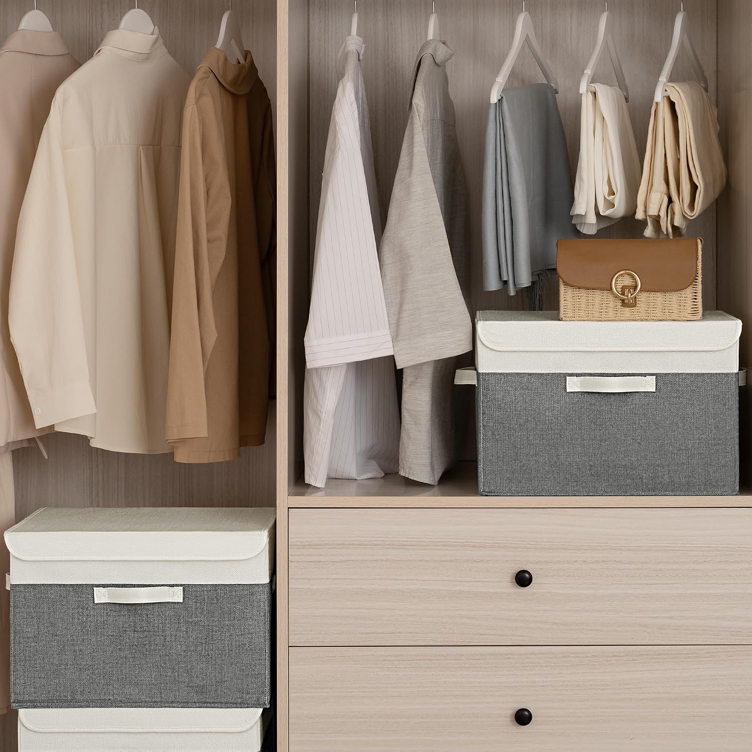 GRANNY SAYS Opbergboxen met Deksel, Pak van 2 Stoffen Opbergdozen met Deksels, Opbergbakken met Deksel, Kledingkast Organizer Opbergen en Organiseren, Opvouwbare Opbergdoos voor Kleding - Wit&Grijs