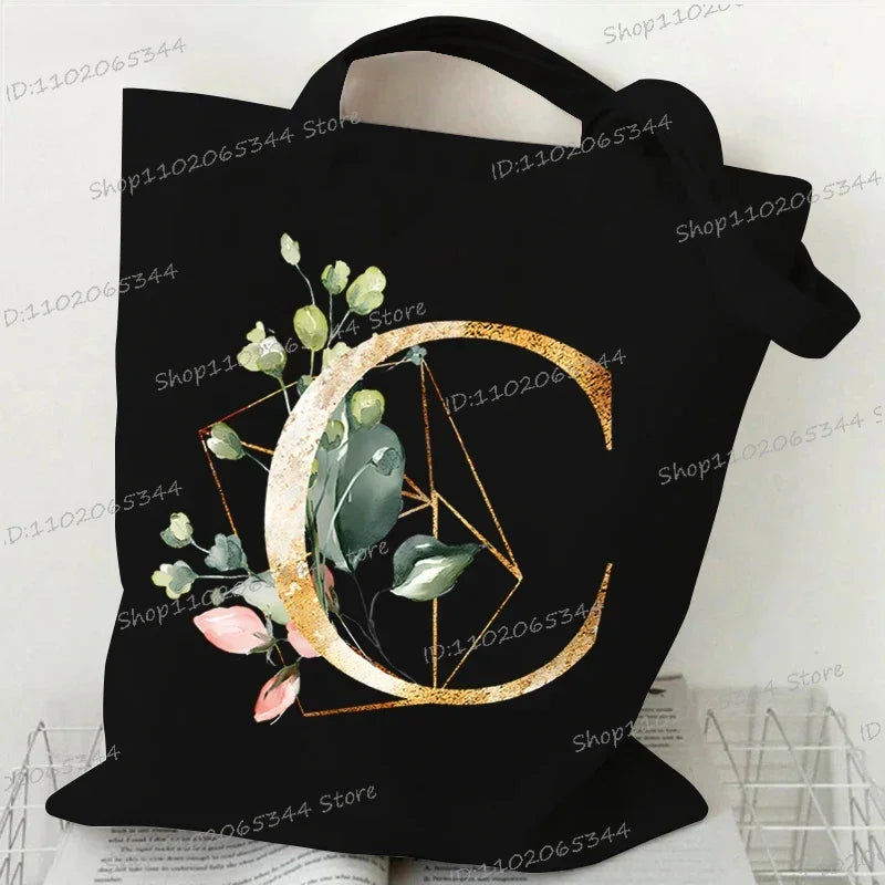 Golden Plant Print Canvas Bag Women's Shoulder Bag Fashion Floral Letter Shopping Shopper Ladies Hand Bags Alphabet Tote Bag