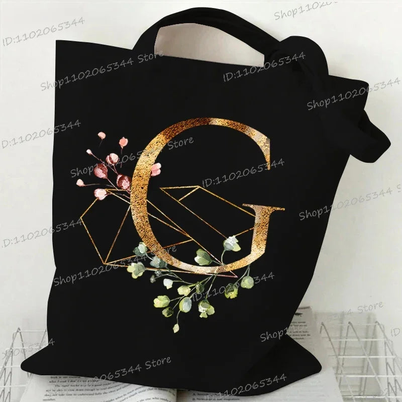 Golden Plant Print Canvas Bag Women's Shoulder Bag Fashion Floral Letter Shopping Shopper Ladies Hand Bags Alphabet Tote Bag