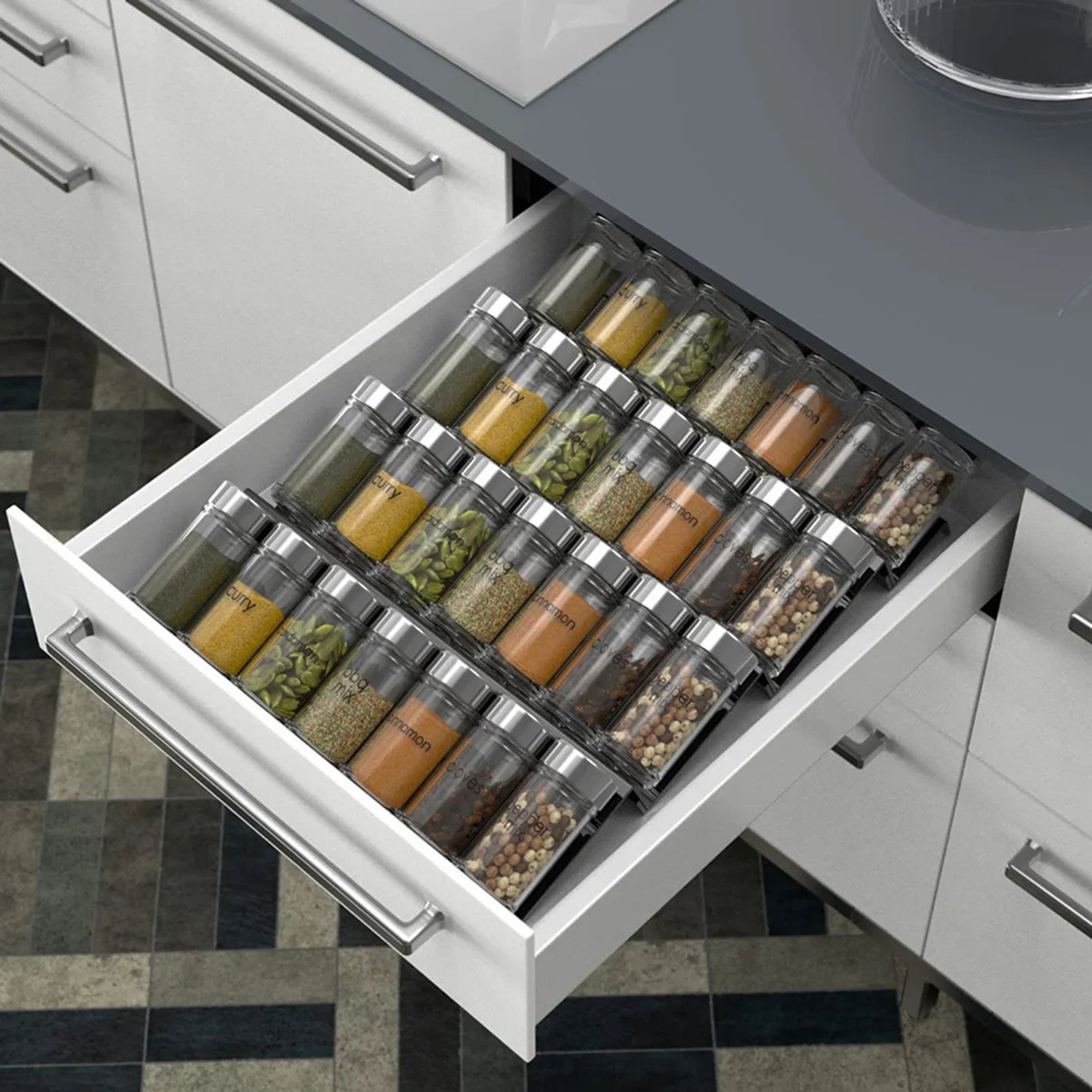 1/2/4PCS Spice Drawer Organizer Adjustable  Seasoning Organizer Acrylic Spice Jars Rack Tray Expandable Cabinet Kitchen Shelves