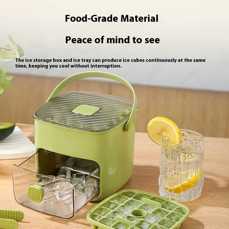 Double Layer Portable 48 Grid Press Type Ice Maker with Large Capacity and Easy Demolding. Handheld Ice Box with Lid and Drawer
