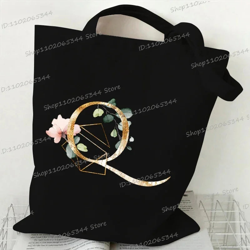 Golden Plant Print Canvas Bag Women's Shoulder Bag Fashion Floral Letter Shopping Shopper Ladies Hand Bags Alphabet Tote Bag
