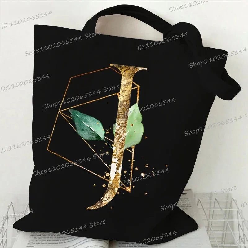 Golden Plant Print Canvas Bag Women's Shoulder Bag Fashion Floral Letter Shopping Shopper Ladies Hand Bags Alphabet Tote Bag