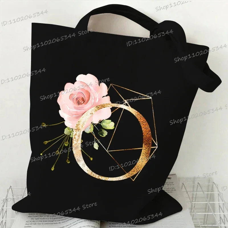 Golden Plant Print Canvas Bag Women's Shoulder Bag Fashion Floral Letter Shopping Shopper Ladies Hand Bags Alphabet Tote Bag