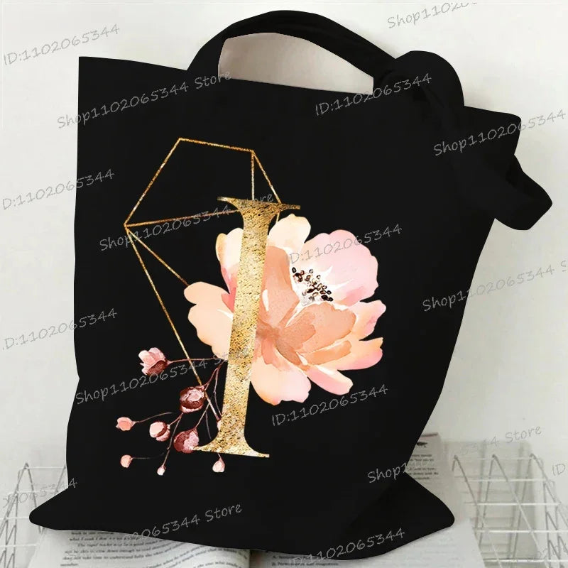 Golden Plant Print Canvas Bag Women's Shoulder Bag Fashion Floral Letter Shopping Shopper Ladies Hand Bags Alphabet Tote Bag