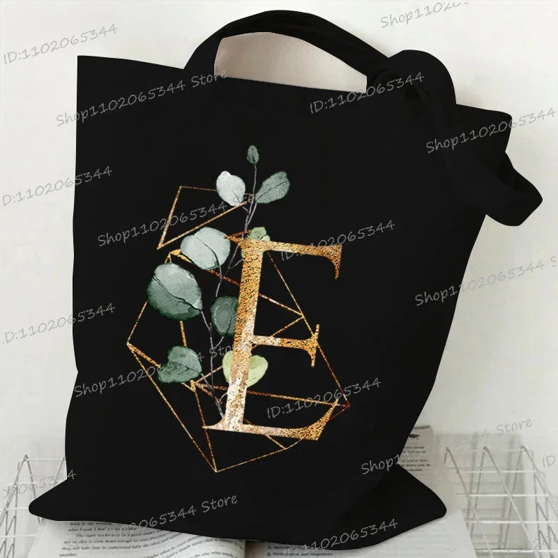 Golden Plant Print Canvas Bag Women's Shoulder Bag Fashion Floral Letter Shopping Shopper Ladies Hand Bags Alphabet Tote Bag