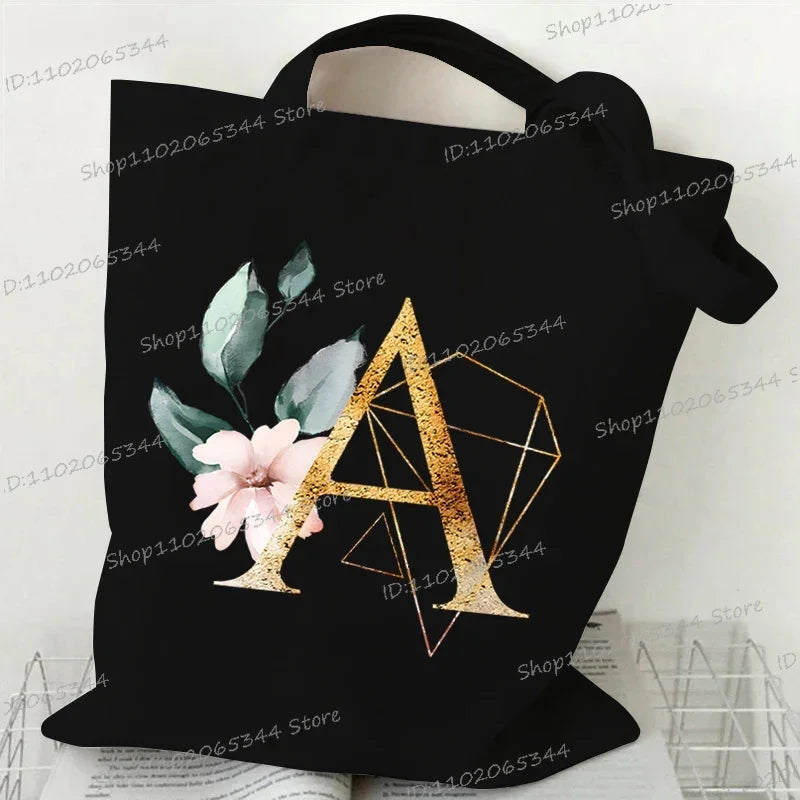 Golden Plant Print Canvas Bag Women's Shoulder Bag Fashion Floral Letter Shopping Shopper Ladies Hand Bags Alphabet Tote Bag