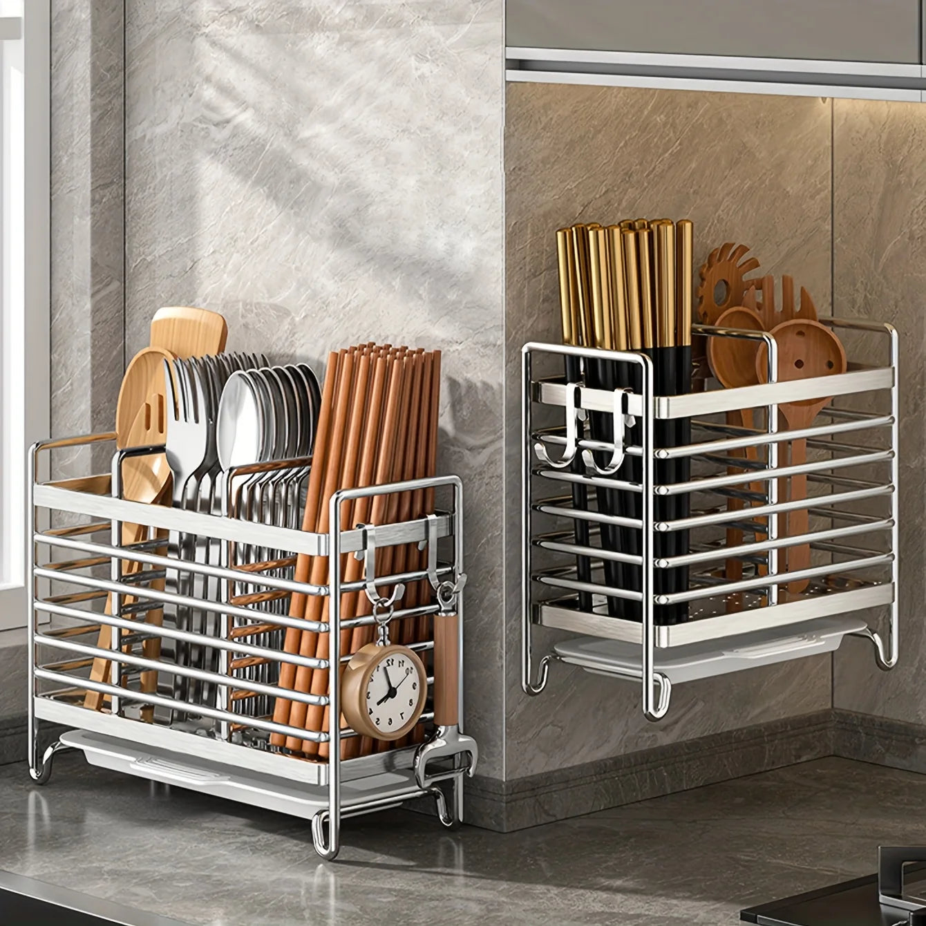 No-Drill Wall-Mounted Utensil Holder Stainless Steel Space-Saving Organizer For Kitchen Cutlery Ideal For Small Spaces